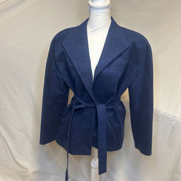 Ultra Suede Blue Leather Colorblock Premium Blazer Jacket Womens Design Comfort - Picture 2 of 6